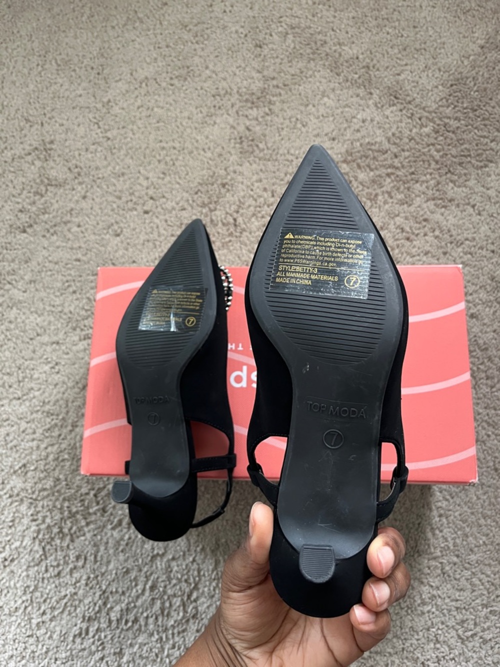 TOP Moda Black Pointed Slingback Kitten Heels with Crystal Buckle - Picture 12 of 13